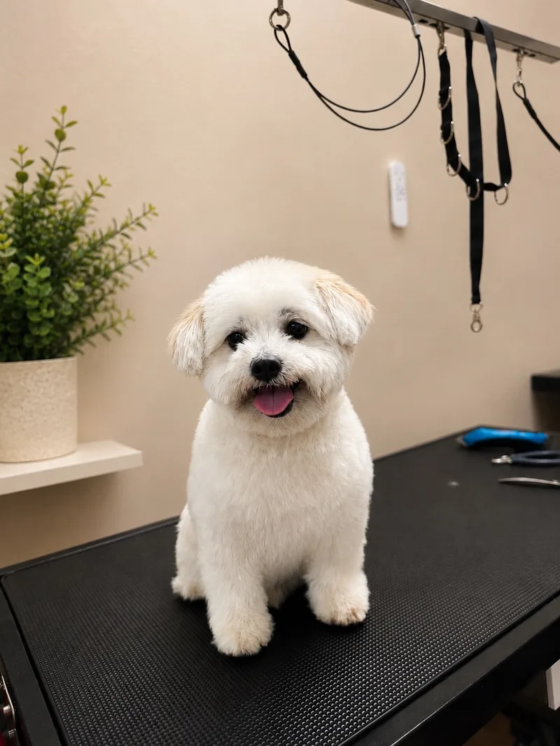 Weißer Bichon nach dem Schnitt mit rundem Kopf und kurzem Fell