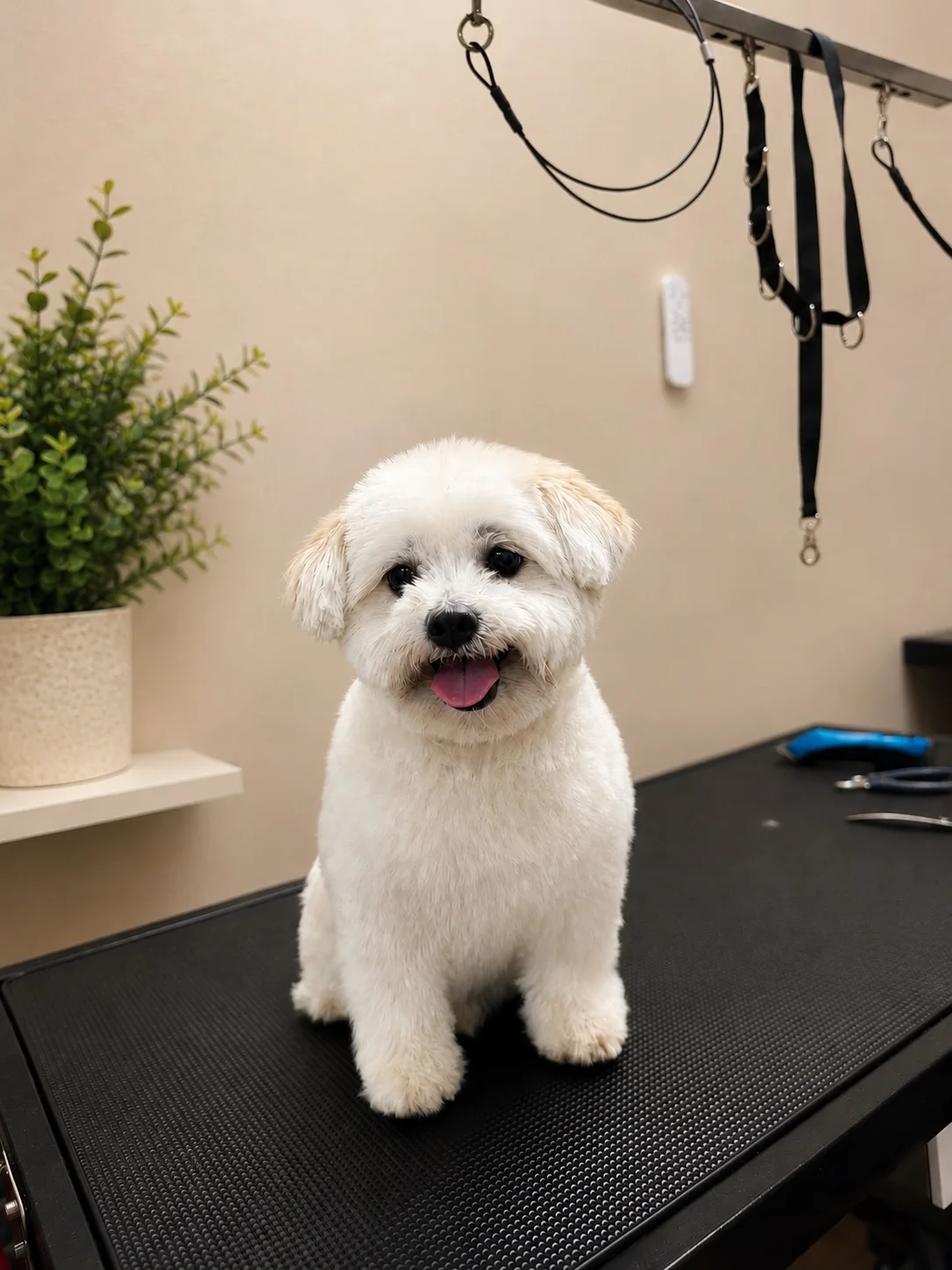 Nachher: weißer Bichon mit rundem, kurzem Schnitt auf dem Grooming-Tisch
