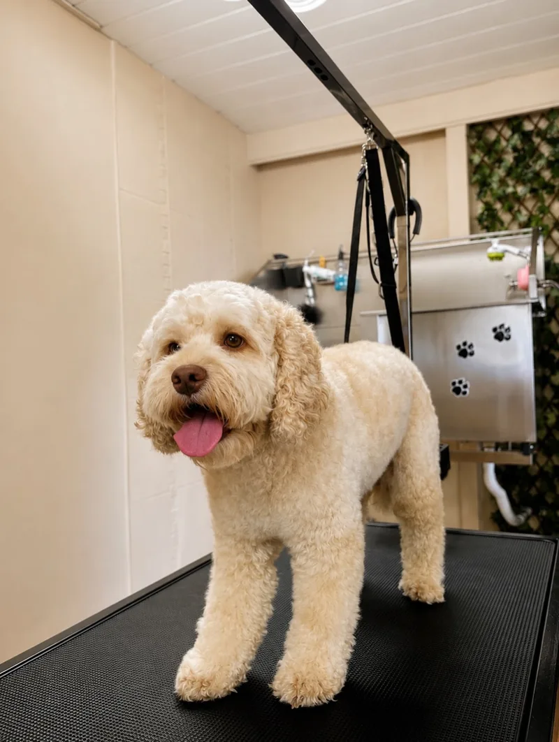 Heller Doodle steht frisch gewaschen und geföhnt auf dem Grooming-Tisch