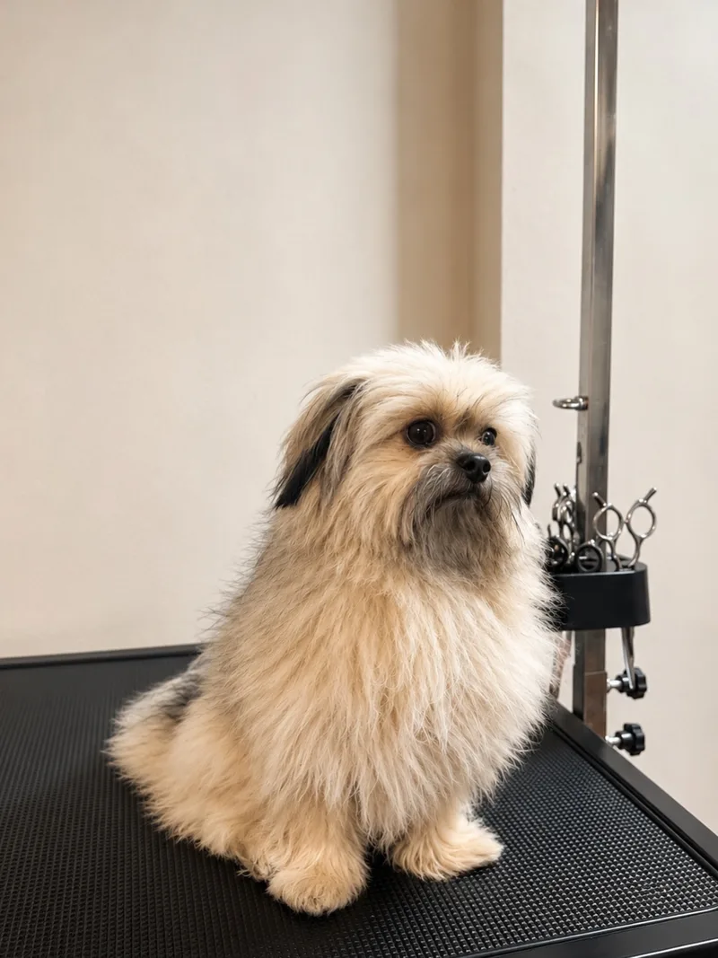 Langhaariger Lhasa Apso sitzt vor dem Schnitt auf dem Grooming-Tisch
