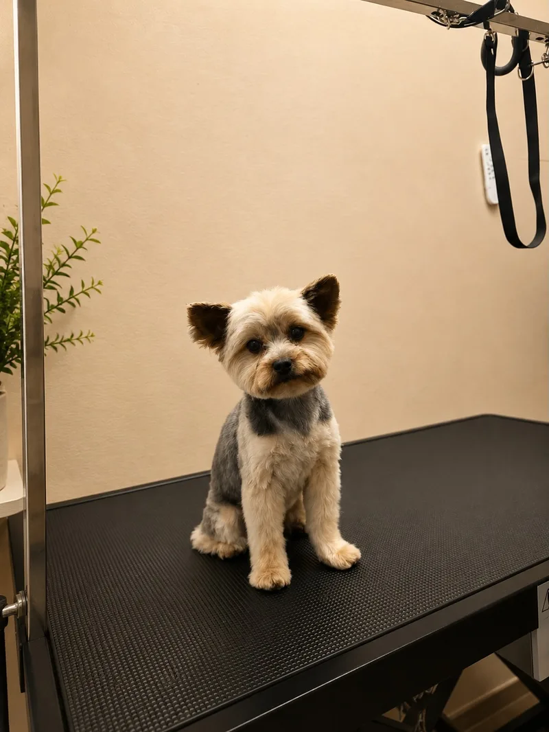 Yorkshire Terrier nach dem Schnitt mit sauber ausgearbeitetem Kopf