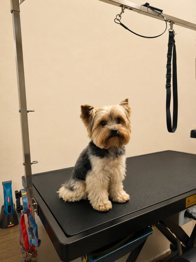 Yorkshire Terrier sitzt auf dem Grooming-Tisch, Werkzeug im Hintergrund