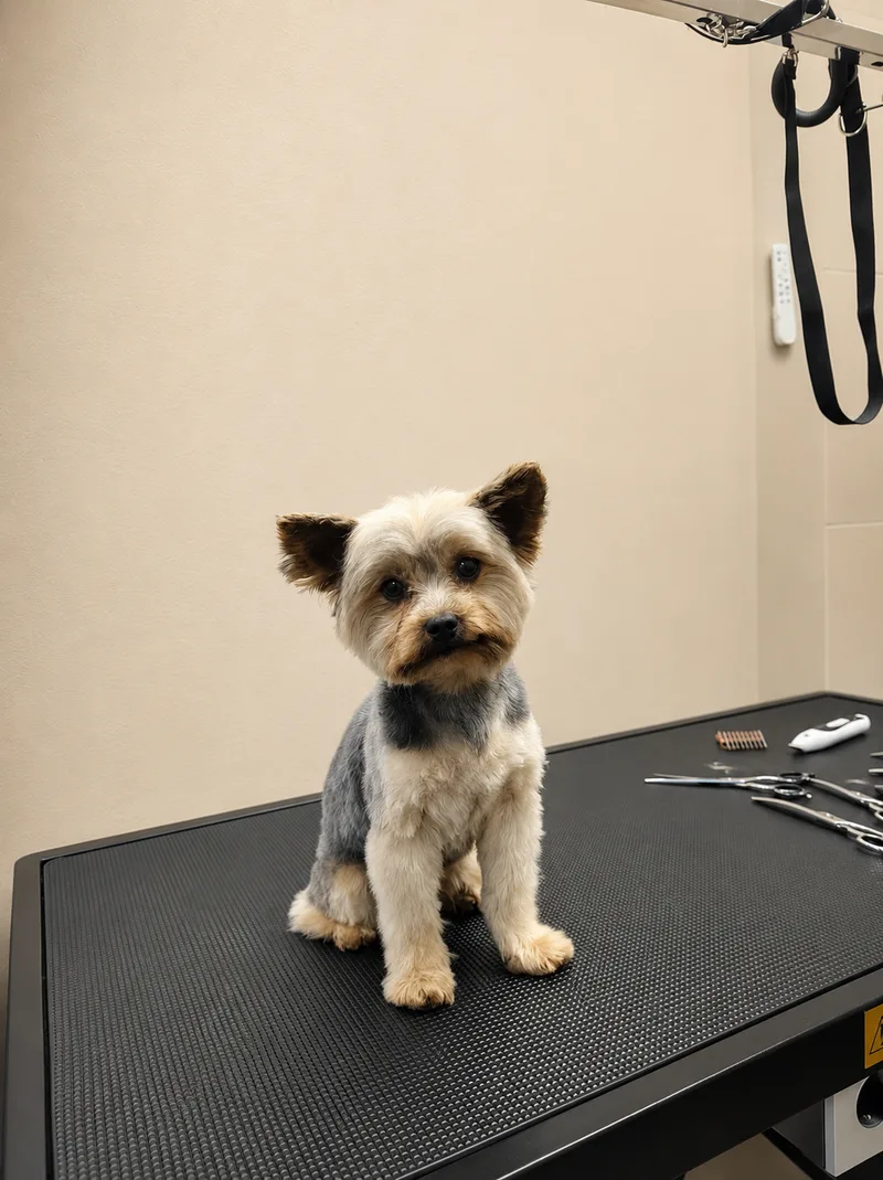 Frisch getrimmter Yorkshire Terrier sitzt auf dem schwarzen Grooming-Tisch