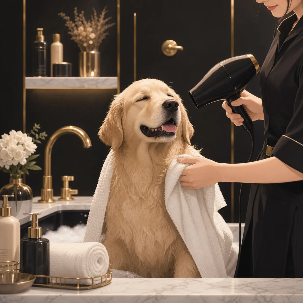 Golden Retriever wird im dunklen, goldakzentuierten Spa sanft geföhnt